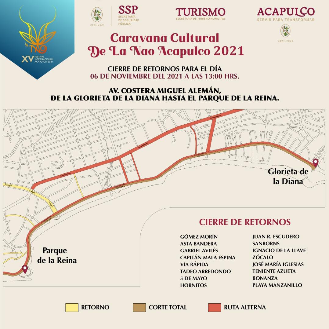 Cerrarán tramos de la avenida Costera por Caravana Cultural de La Nao Acapulco 2021