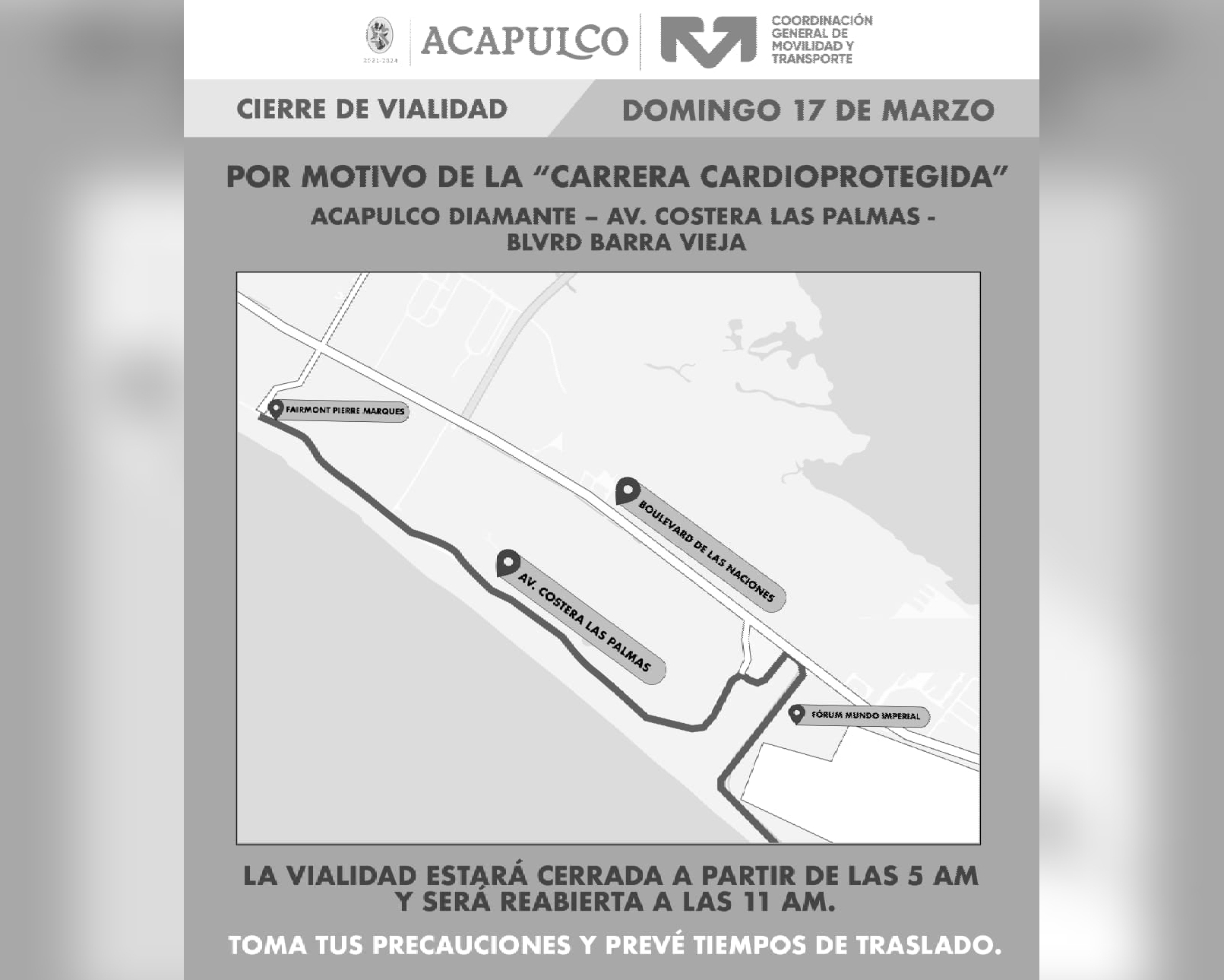 Anuncia Gobierno de Acapulco cierre de circulación en Diamante por “1ª Carrera Cardioterapia”