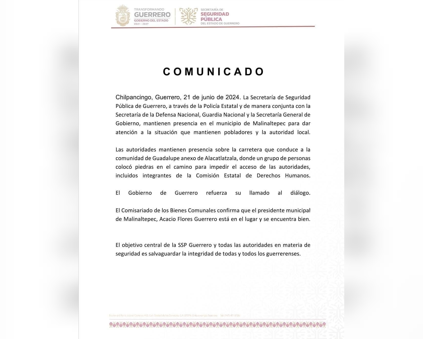 La Secretaría de Seguridad Pública del Gobierno del estado de Guerrero mantiene presencia en Malinaltepec